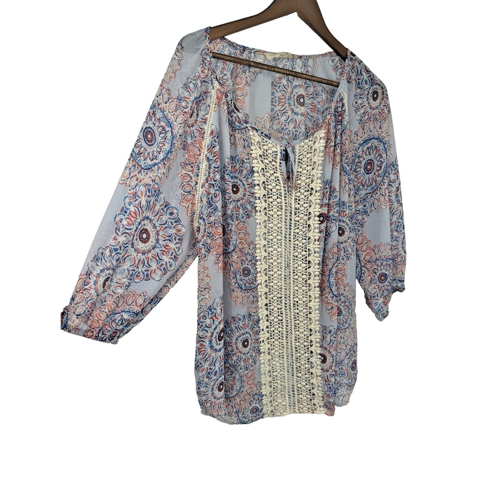 Blue Boho Lace Sheer blouse tie keyhole front long sleeve cottage fairy festival